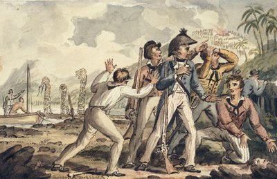 Kaptajn Burney opdager sine myrdede skibskammerater", fra Kaptajn Cooks Voyages af Isaac Robert Cruikshank