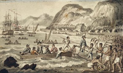 Captain Cook Landing in Owyhee, illustration fra "The Voyages of Captain Cook" af Isaac Robert Cruikshank