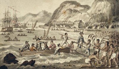 Captain Cook Landing "n Owyhee", fra Captain Cooks rejser af Isaac Robert Cruikshank