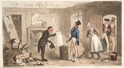 College Comforts, A Freshman, der tager sine værelser i besiddelse, fra The English Spy, pub. 1824 (håndfarvet gravering) af Isaac Robert Cruikshank
