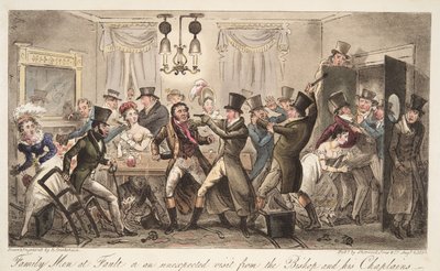 Family Men at Fault, eller et uventet besøg fra biskoppen og hans præster, fra, The English Spy, pub. 1824 (håndfarvet gravering) af Isaac Robert Cruikshank
