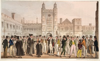 First Absence, eller Etonians Answering Morning Master Roll, fra The English Spy udgivet 1824 (håndfarvet gravering) af Isaac Robert Cruikshank