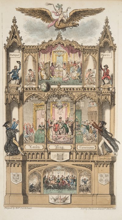 Frontispice, fra The English Spy, pub. 1824 (håndfarvet gravering) af Isaac Robert Cruikshank