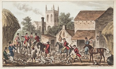 Går ud; En udsigt over Berkeley Hunt Kennel, fra The English Spy udgivet 1824, (håndfarvet gravering) af Isaac Robert Cruikshank