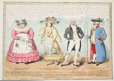 Husholdningstropper eller en skitse af et par af de vigtigste troværdige og fortrolige husstande af værdige og fortrolige familier, 1827 (håndfarvet gravering) af Isaac Robert Cruikshank