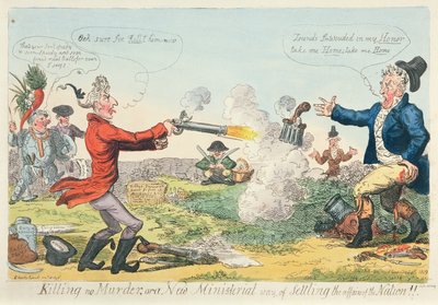 Killing no Murder, eller en ny ministeriel måde at afgøre nationens anliggender på!, 1809 (farveætsning) af Isaac Robert Cruikshank