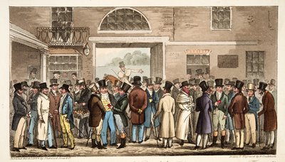 Mandag efter Great St Leger, eller Heroes of the Turf, der betaler og modtager på Tattersalls, fra The English Spy, pub. 1824 (håndfarvet gravering) af Isaac Robert Cruikshank
