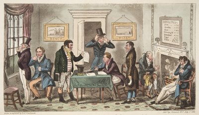 Morning and in Low Spirits, en Lock Up-scene i et Spunging House, Carey Street, en smule Good Truth, fra The English Spy, udgivet London, 1824 af Isaac Robert Cruikshank