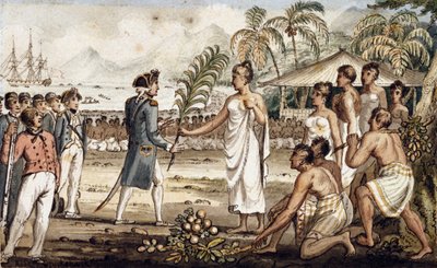 Oatehite, illustration fra "The Voyages of Captain Cook" af Isaac Robert Cruikshank