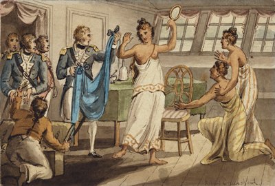 Otahitiano, illustration fra "The Voyages of Captain Cook" af Isaac Robert Cruikshank