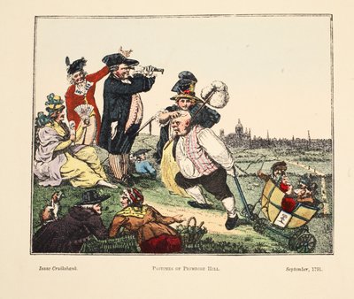 Pastimes of Primrose Hill, 1791 (håndfarvet gravering) af Isaac Robert Cruikshank