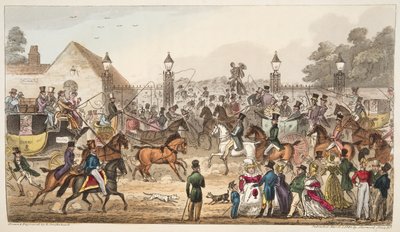 The Arrival, eller Western Entrance into Cockney Land, fra The English Spy udgivet 1824, (håndfarvet gravering) af Isaac Robert Cruikshank