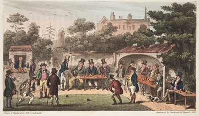 The Bowling Alley, Worcester, or Characters of the Hand and Glove Club, fra The English Spy, udgivet i London, 1824 (håndkoloreret stik) af Isaac Robert Cruikshank