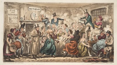 The Buff Club på Pig and Whistle, Avon Street, Bath, fra The English Spy, pub. London, 1824 (håndkoloreret gravering) af Isaac Robert Cruikshank