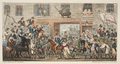 Den komiske procession fra The English Spy, udgivet af The English Spy, pub. 1824 (håndkoloreret gravering) Gloucester to Berkeley, fra The English Spy, pub. 1824 (håndkoloreret gravering) af Isaac Robert Cruikshank