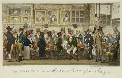 The Daffy Club, eller en musikalsk samling af fancy, udgivet i 1824 (farve litho) af Isaac Robert Cruikshank