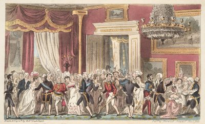 Aftenen i Cirkelrummet; eller en Squeeze på Carlton Palace, fra The English Spy, pub. 1824 (håndfarvet gravering) af Isaac Robert Cruikshank