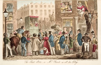 The Great Actor, eller Mr Punch in all his Glory, fra The English Spy, pub. 1824 (håndfarvet gravering) af Isaac Robert Cruikshank