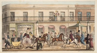 The High Street, Cheltenham, fra The English Spy, pub. 1824 (håndfarvet gravering) af Isaac Robert Cruikshank