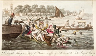 The Marigold Family on a Party of Pleasure, eller effekten af en storm i den lille Biscayabugt, fra The English Spy, pub. 1824 (håndfarvet gravering) af Isaac Robert Cruikshank