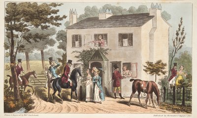 Oakland Cottages, Cheltenham eller Fox Hunters og deres favoritter, fra The English Spy, pub. 1824 (håndfarvet gravering) af Isaac Robert Cruikshank