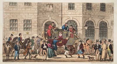 The Post Office Bristol, Arrival of the London Mail, fra The English Spy, udgivet London, 1824 af Isaac Robert Cruikshank