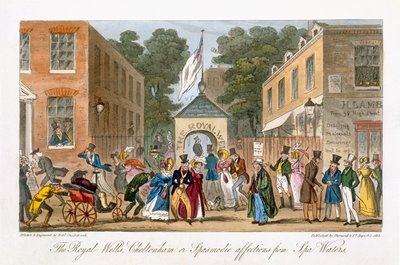 The Royal Wells, Cheltenham eller Spasmodiske lidelser fra Spa Waters, fra "The English Spy", af Charles Molloy Westmacott (1788-1868), udgivet i London 1825. af Isaac Robert Cruikshank
