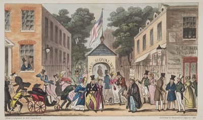The Royal Wells, Cheltenham eller Spasmodic affections fra Spa Waters, fra The English Spy, pub. 1824 (håndfarvet gravering) af Isaac Robert Cruikshank