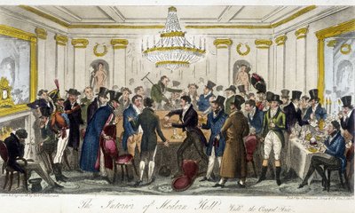 Det indre af Modern Hall - i "" The English Spy"" af Charles Molloy Westmacott, tegning af Robert Cruikshank, London Edition af Isaac Robert Cruikshank