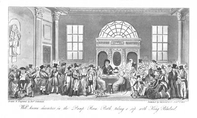 Velkendte karakterer i pumperummet, Bath, tager en slurk med Kong Bladud, 1825 af Isaac Robert Cruikshank