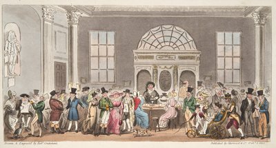 Kendte besøgende til Pump Room, Bath, tager en slurk med King Bladud, fra The English Spy, pub. 1824 (håndfarvet gravering) af Isaac Robert Cruikshank