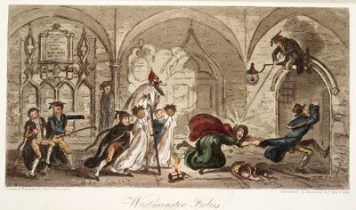 Westminster Frolics, fra The English Spy, pub. 1824 (håndfarvet gravering) af Isaac Robert Cruikshank