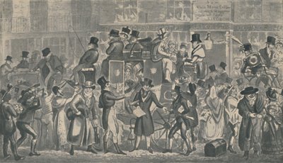Udenfor White Horse Cellar, Piccadilly, 1821, 1920. Kunstnere: Isaac Robert Cruikshank, George Cruikshank. af Isaac, Robert and George Cruikshank