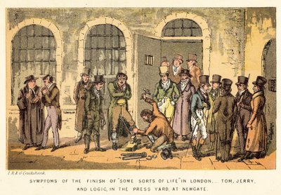 Symptomer på afslutningen af en slags liv i London, Tom, Jerry og Logic, i Press Yard, ved Newgate af Isaac, Robert and George Cruikshank