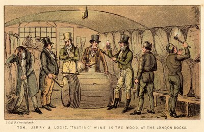 Tom, Jerry og Logic smager vin i skoven ved London Docks af Isaac, Robert and George Cruikshank