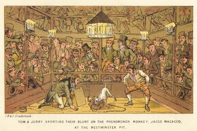 Tom og Jerry slyngler sig med fænomenaben, Jacco Macacco, ved Westminster Pit af Isaac, Robert and George Cruikshank