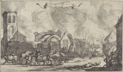 Franske tropper marcherer plyndring og skydning gennem ruinerne af landsbyen Nigtevecht, 1672 Serie på tretten billeder af landsbyerne og slottene i provinsen Utrecht ødelagt af franskmændene i 1672 (serietitel) af Isaac Sorious