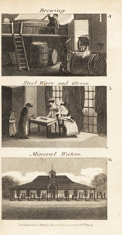 Brygning, stålvarer og handsker og et spa med mineralvand i Regency England af Isaac Taylor
