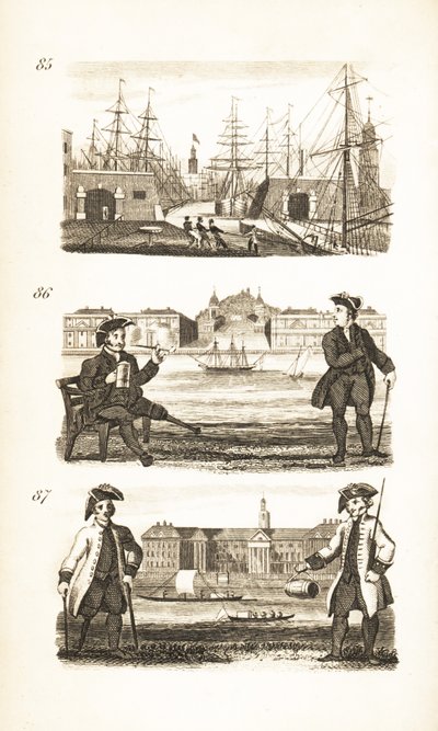 London Docks, Greenwich Hospital og Chelsea Hospital af Isaac Taylor