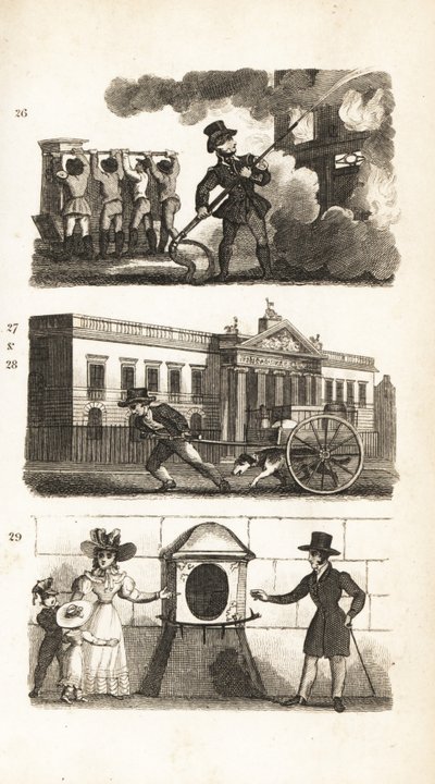 Brandbilen, tegning af varer på en lastbil, East India House og London Stone af Isaac Taylor