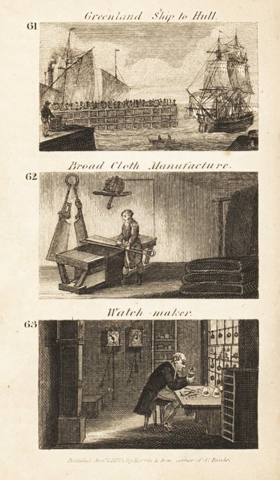 Handler i Regency England: Grønlandsskib til Hull, bredstoffabrikation og urmager af Isaac Taylor