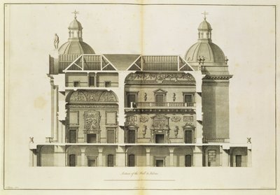 Houghton Hall: tværsnit af hallen og salonen, graveret af Pierre Fourdrinier, 1735 (se også 64903 og 64904) af Isaac Ware