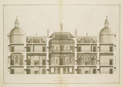 Houghton Hall: sektion af østfronten, indgraveret af Pierre Fourdrinier, 1735 (se også 64902 og 64904) af Isaac Ware