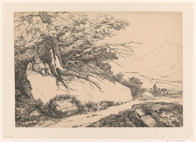 Landskab, med en mand med hund, der holder pause under et træ af Isaac Weissenbruch