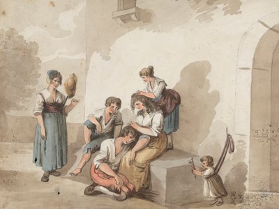 "Efter Pinnelli" (gruppe af bønder uden for et hus) af Isaac Weld