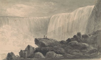 Udsigt over Niagara Falls med to figurer, der sidder på en klippecenterforgrund af Isaac Weld
