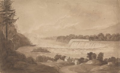 Udsigt over Niagara Falls med vandfaldene i baggrunden, til højre og landskab med huse i forgrunden af Isaac Weld