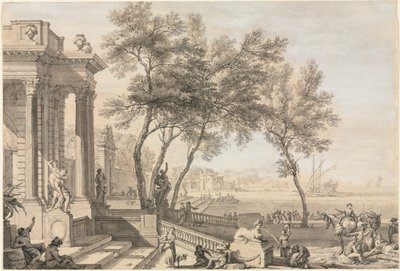 Fantastisk havnescene med arkitektur og figurer af Isaac de Moucheron