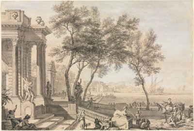 Fantastisk havnescene med arkitektur og figurer, 1713. af Isaac de Moucheron