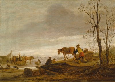 Et vinterlandskab med figurer på en frossen flod af Isaac van Ostade